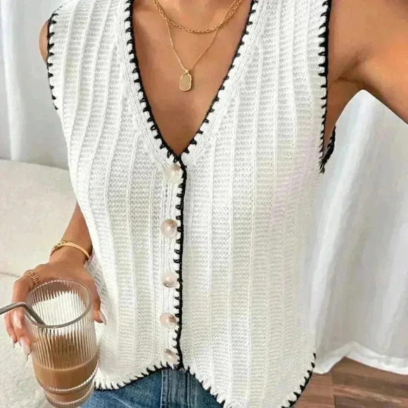 Beige Casual Women's Color Block Edging Vest Style V-Neck Sweater - Picture 3 of 6